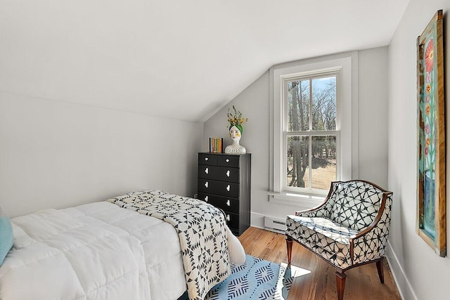 8282 W Harrison Rd, Mears, MI 49436 - bedroom featuring baseboard heating, wood finished floors, lofted ceiling, and baseboards