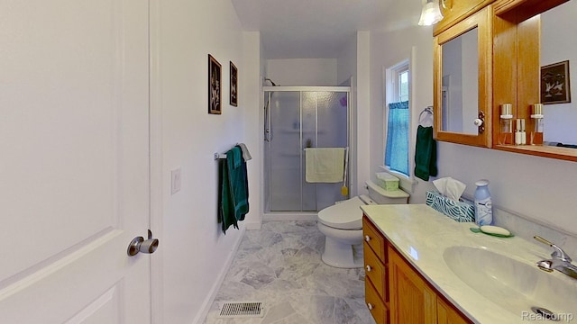 4200 Chapman Rd, Stockbridge, MI 49285 - bathroom featuring a stall shower, vanity, toilet, and baseboards