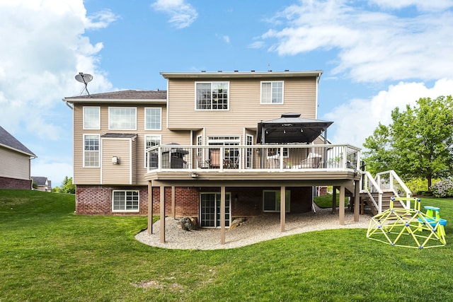 58799 Carriage Ln, South Lyon, MI 48178 - rear view of house featuring stairway, a wooden deck, and a lawn