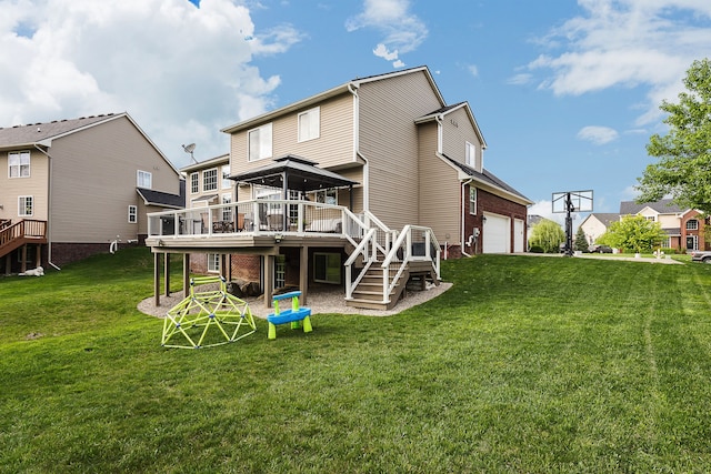 58799 Carriage Ln, South Lyon, MI 48178 - back of house with stairs, a deck, a lawn, brick siding, and an attached garage