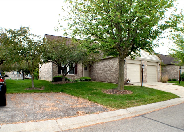 4439 Hunters Cir W, Canton, MI 48188 - view of property hidden behind natural elements featuring concrete driveway, a front lawn, brick siding, and an attached garage