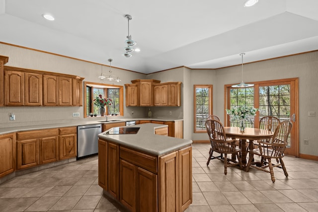 9997 Applegate Ln, Brighton, MI 48114 - kitchen featuring dishwasher, light tile patterned floors, a center island, brown cabinetry, and recessed lighting