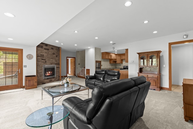 9997 Applegate Ln, Brighton, MI 48114 - living area featuring light colored carpet, recessed lighting, a fireplace, and baseboards