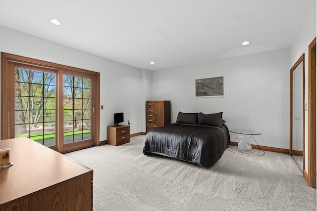 9997 Applegate Ln, Brighton, MI 48114 - bedroom with light carpet, baseboards, access to exterior, and recessed lighting