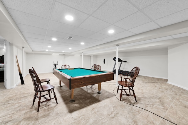 38342 Sleigh Dr, Sterling Heights, MI 48310 - playroom with recessed lighting, baseboards, billiards table, and a drop ceiling
