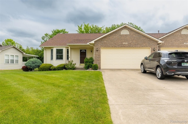 4359 Springbrook Dr, Swartz Creek, MI 48473 - single story home with concrete driveway, an attached garage, a front lawn, brick siding, and a shingled roof