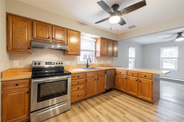 1953 Elmhurst St, Canton, MI 48187 - kitchen featuring appliances with stainless steel finishes, a ceiling fan, under cabinet range hood, a sink, and a peninsula
