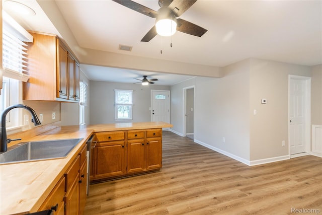 1953 Elmhurst St, Canton, MI 48187 - kitchen featuring a sink, ceiling fan, wood counters, a peninsula, and light wood-type flooring