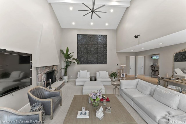 26155 Timber Trl, Dearborn Heights, MI 48127 - carpeted living room featuring high vaulted ceiling, a ceiling fan, a fireplace, baseboards, and recessed lighting
