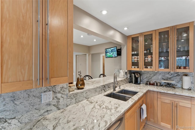 26155 Timber Trl, Dearborn Heights, MI 48127 - kitchen featuring a sink, light stone counters, glass insert cabinets, and recessed lighting