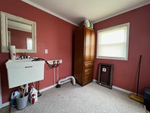 205 Evans St, East Tawas, MI 48730 - interior space featuring ornamental molding, baseboards, light carpet, and a sink