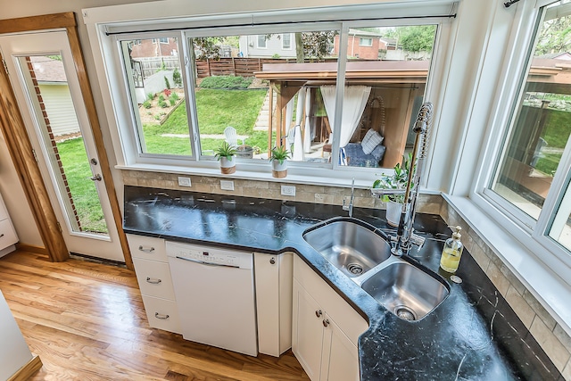 2441 Nottingham Rd, Ann Arbor, MI 48104 - kitchen with white dishwasher, backsplash, dark countertops, and white cabinets