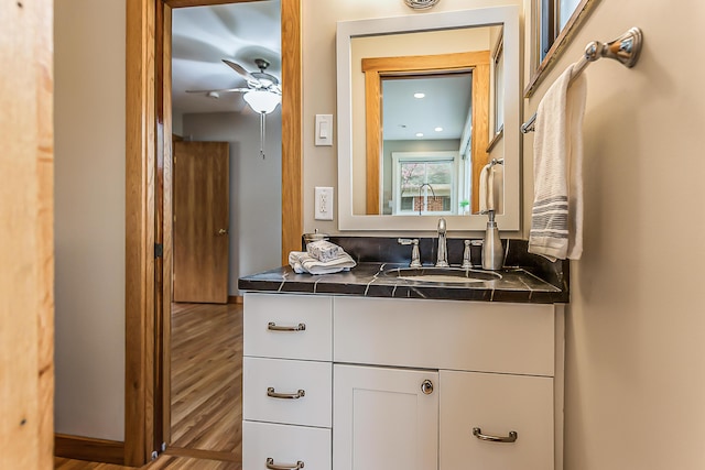 2441 Nottingham Rd, Ann Arbor, MI 48104 - bathroom featuring wood finished floors, vanity, and a ceiling fan