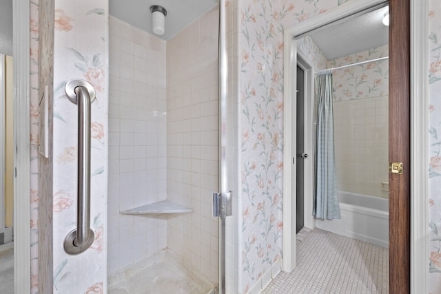 35980 Ann Arbor Trl, Livonia, MI 48150 - bathroom with tile patterned floors, wallpapered walls, and shower / bathtub combination with curtain