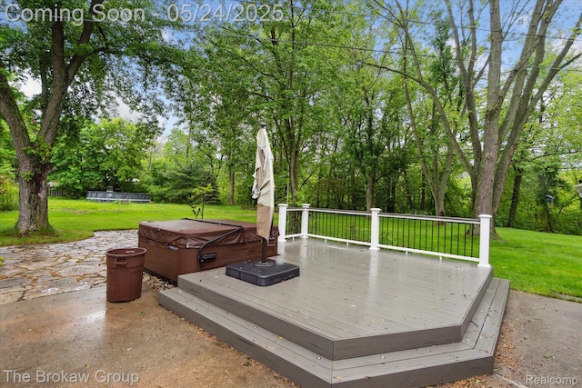 6605 Northview Dr, Clarkston, MI 48346 - wooden terrace with a hot tub, a lawn, and view of scattered trees