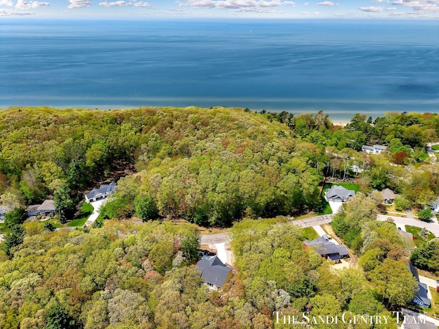 aerial overview of property's location featuring a heavily wooded area and a large body of water