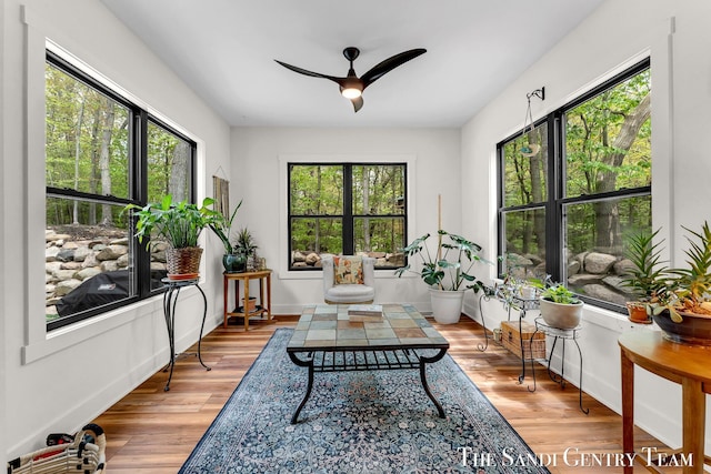 living area with a ceiling fan, wood finished floors, and baseboards