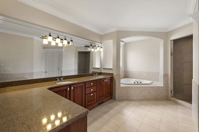 66701 Notre Dame Blvd, Washington, MI 48095 - bathroom with tile patterned flooring, a garden tub, double vanity, ornamental molding, and a tile shower