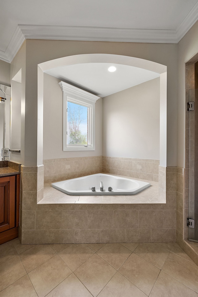 66701 Notre Dame Blvd, Washington, MI 48095 - bathroom with a garden tub, crown molding, vanity, tile patterned floors, and tiled shower