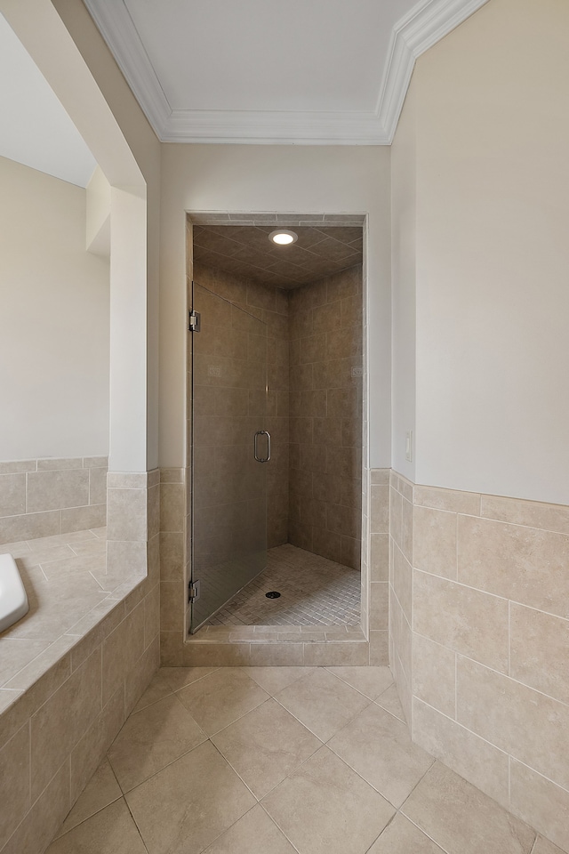 66701 Notre Dame Blvd, Washington, MI 48095 - full bathroom with tile patterned floors, a garden tub, ornamental molding, and a shower stall
