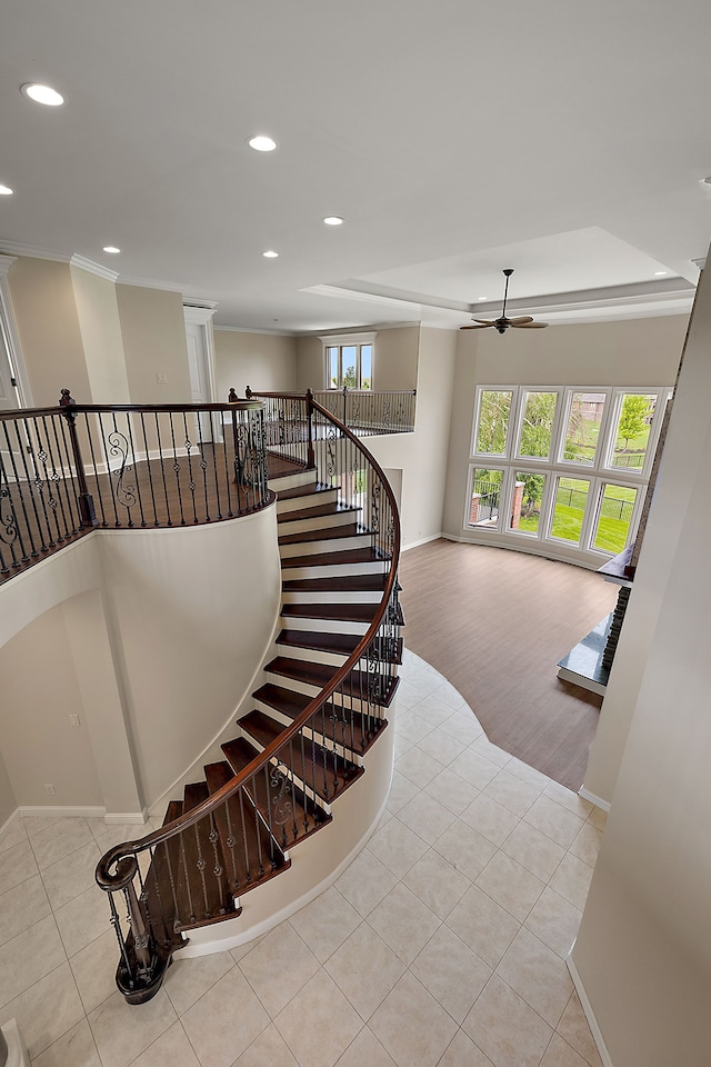66701 Notre Dame Blvd, Washington, MI 48095 - stairway with a ceiling fan, tile patterned flooring, recessed lighting, and crown molding