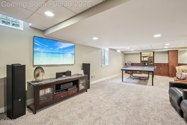 966 Mcdonald Dr, Northville, MI 48167 - recreation room featuring carpet floors, a drop ceiling, healthy amount of natural light, baseboards, and recessed lighting