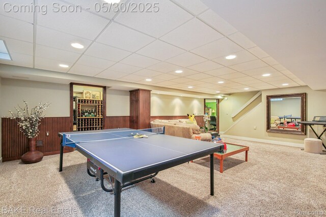 966 Mcdonald Dr, Northville, MI 48167 - recreation room featuring wainscoting, carpet, recessed lighting, a paneled ceiling, and wooden walls