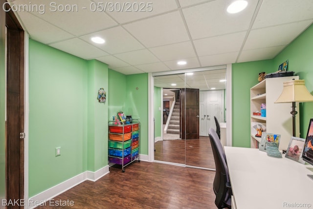 966 Mcdonald Dr, Northville, MI 48167 - office featuring recessed lighting, dark wood-style flooring, a paneled ceiling, and baseboards