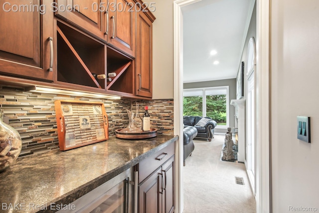 966 Mcdonald Dr, Northville, MI 48167 - indoor dry bar featuring carpet, backsplash, and beverage cooler