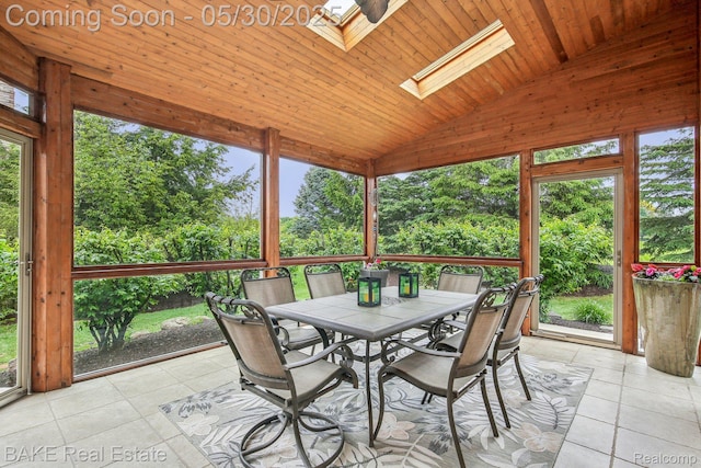 966 Mcdonald Dr, Northville, MI 48167 - sunroom with vaulted ceiling, tile patterned floors, a skylight, healthy amount of natural light, and wooden ceiling