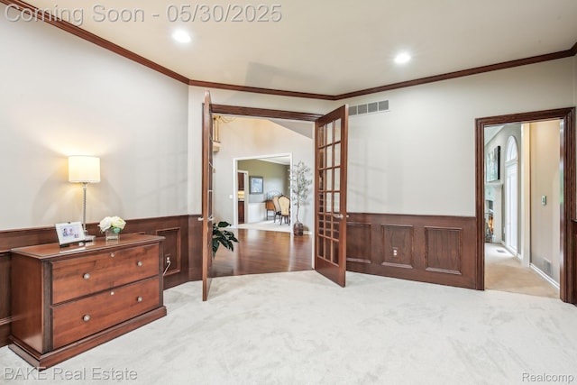 966 Mcdonald Dr, Northville, MI 48167 - carpeted bedroom featuring ornamental molding, a wainscoted wall, french doors, and recessed lighting