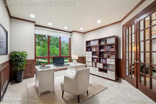 966 Mcdonald Dr, Northville, MI 48167 - office with french doors, ornamental molding, light carpet, wainscoting, and recessed lighting