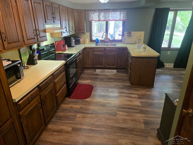 3775 N Hemlock Rd, Hemlock, MI 48626 - kitchen featuring black electric range, stainless steel microwave, a sink, under cabinet range hood, and a peninsula