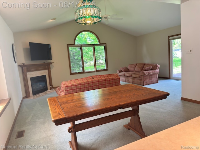3052 Rivers Edge Dr, Wayne, MI 48184 - dining area with carpet flooring, healthy amount of natural light, a ceiling fan, and lofted ceiling
