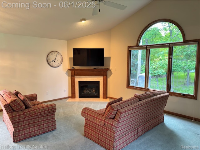 3052 Rivers Edge Dr, Wayne, MI 48184 - living area with carpet flooring, a ceiling fan, lofted ceiling, and baseboards