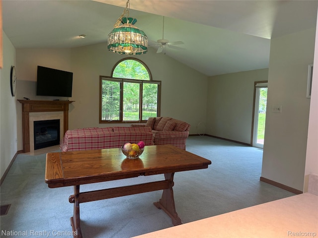 3052 Rivers Edge Dr, Wayne, MI 48184 - carpeted living room with ceiling fan, lofted ceiling, a fireplace with flush hearth, and baseboards
