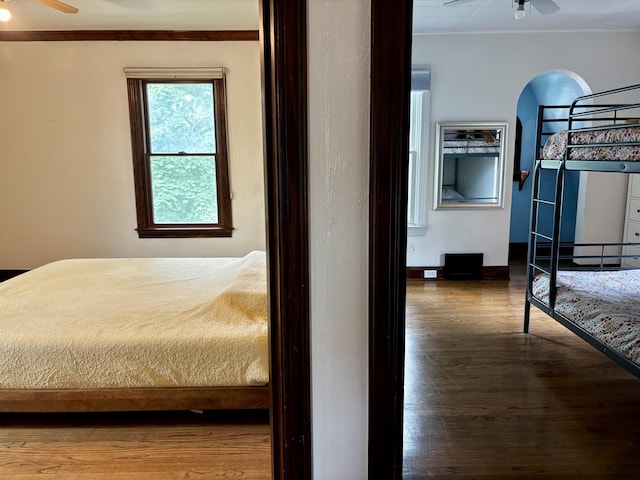404 Pauline Blvd, Ann Arbor, MI 48103 - bedroom featuring ornamental molding, wood finished floors, and a ceiling fan