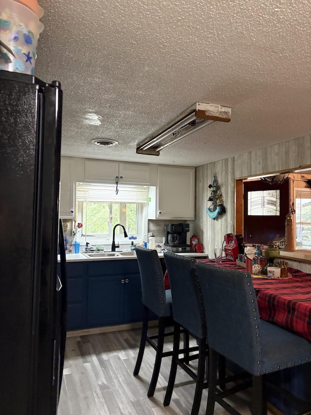 8000 Derry Rd, Vestaburg, MI 48891 - kitchen with freestanding refrigerator, a textured ceiling, light wood-style flooring, light countertops, and a sink
