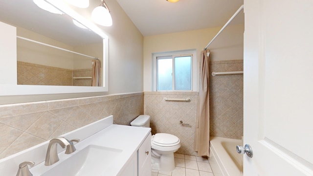 26817 Newport Ave, Warren, MI 48089 - full bathroom with tile patterned floors, tile walls, vanity, toilet, and shower / bath combination with curtain