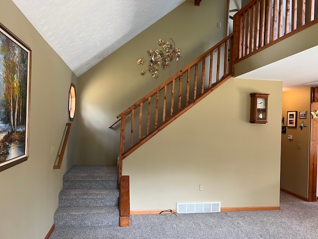 11055 Kopko Trl, Roscommon, MI 48653 - stairway featuring carpet floors, vaulted ceiling, baseboards, and a textured ceiling