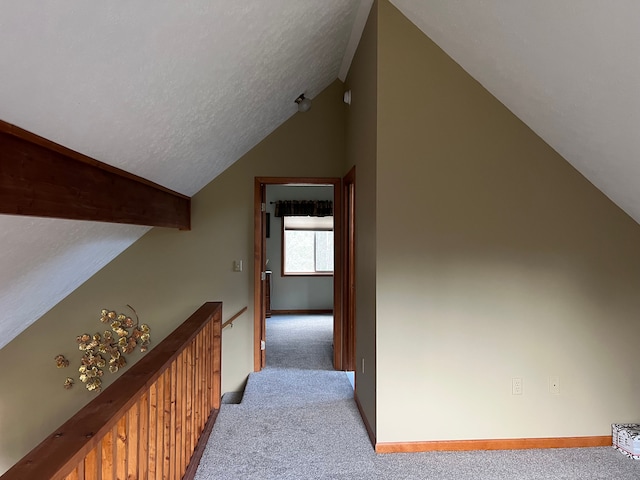 11055 Kopko Trl, Roscommon, MI 48653 - hallway featuring light colored carpet, lofted ceiling, a textured ceiling, and baseboards
