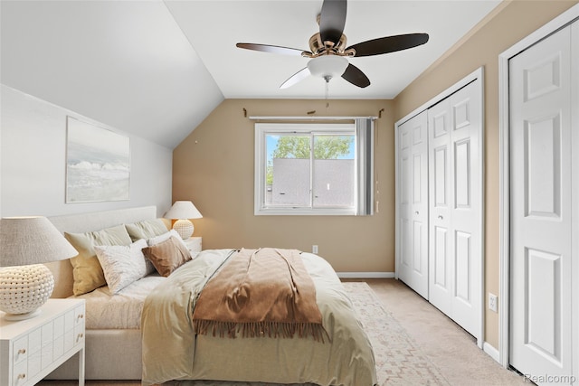 3819 Hazelett Dr, Waterford, MI 48328 - bedroom with lofted ceiling, light carpet, baseboards, and ceiling fan