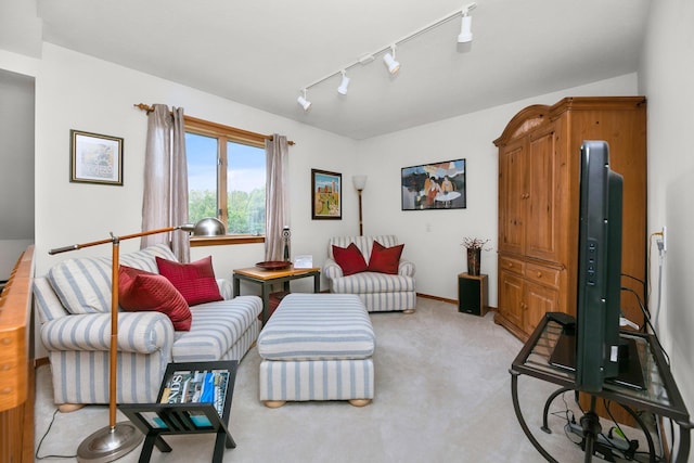838 Able Rd, Buchanan, MI 49107 - living room with light colored carpet, rail lighting, and baseboards