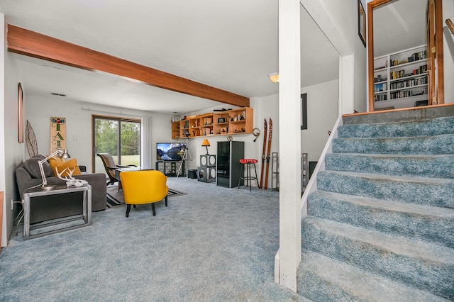 838 Able Rd, Buchanan, MI 49107 - living room featuring carpet, beamed ceiling, stairs, and an office area