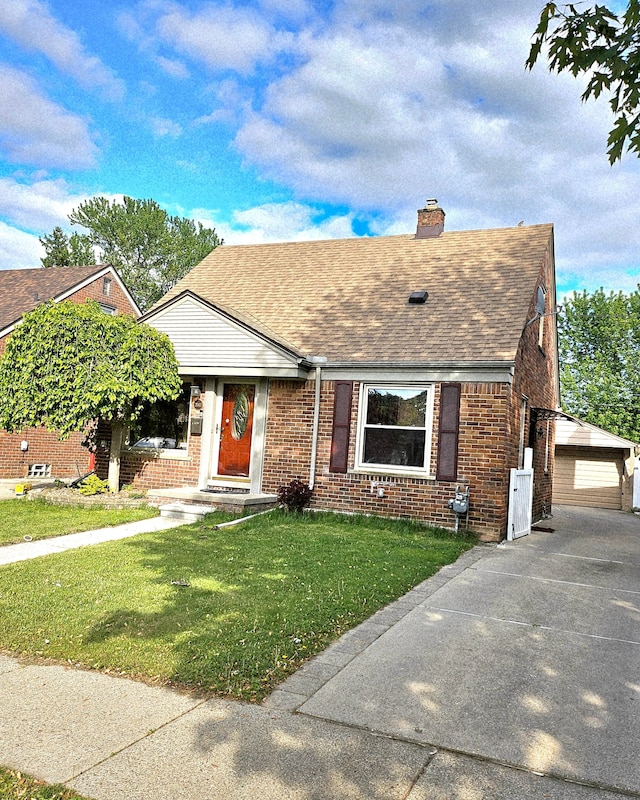 2043 Edgewood St, Dearborn, MI 48124 - view of front facade with brick siding, a shingled roof, a chimney, a front yard, and an outdoor structure