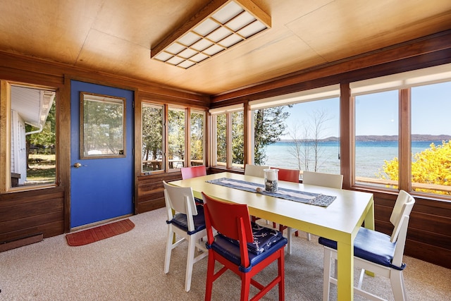 8432 S Dunns Farm Rd, Maple City, MI 49664 - sunroom with carpet flooring, a water view, and wood walls