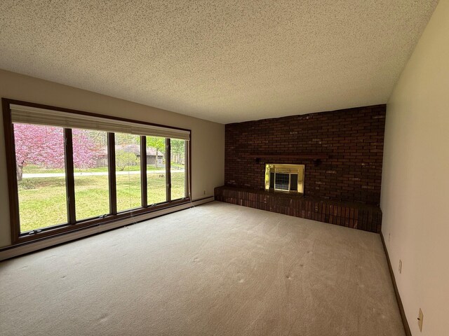 6035 W Trails End Rd, Ludington, MI 49431 - unfurnished living room featuring light carpet, a textured ceiling, a brick fireplace, and a baseboard radiator