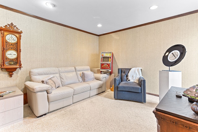 living room featuring crown molding, recessed lighting, and wallpapered walls