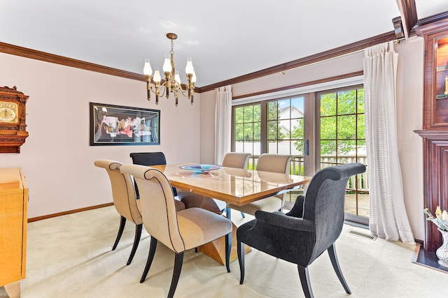 dining space with light carpet, a chandelier, crown molding, and baseboards