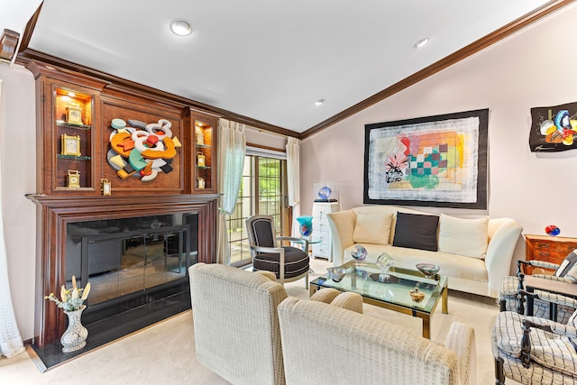 living room with crown molding, lofted ceiling, a fireplace with flush hearth, and recessed lighting